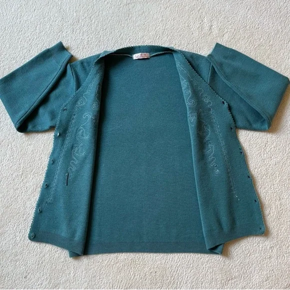 Green Cardigan Sweater V-Neck Long Sleeve Buttons Sequin Embroidered Size Medium - Picture 4 of 7